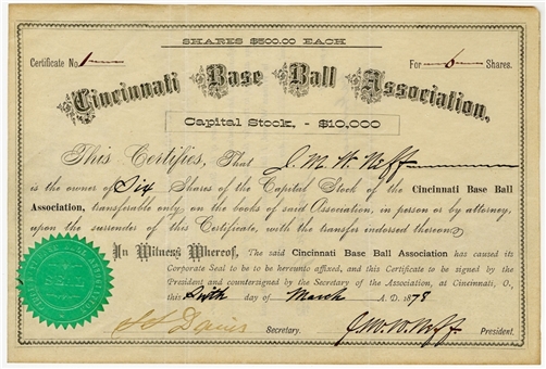 Historic 1878 Cincinnati Red Stockings Baseball Association Stock Certificate  First ever Certificate!